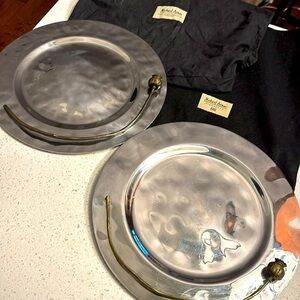 2 MICHAEL ARAM Stainless Steel Art Crafted 13" Plates with dust bags